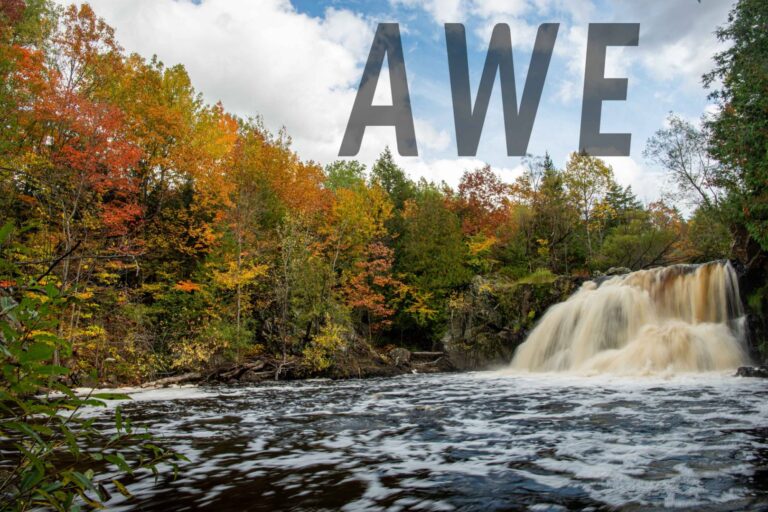 Waterfall and fall foilage. Word "awe" in large letters on it