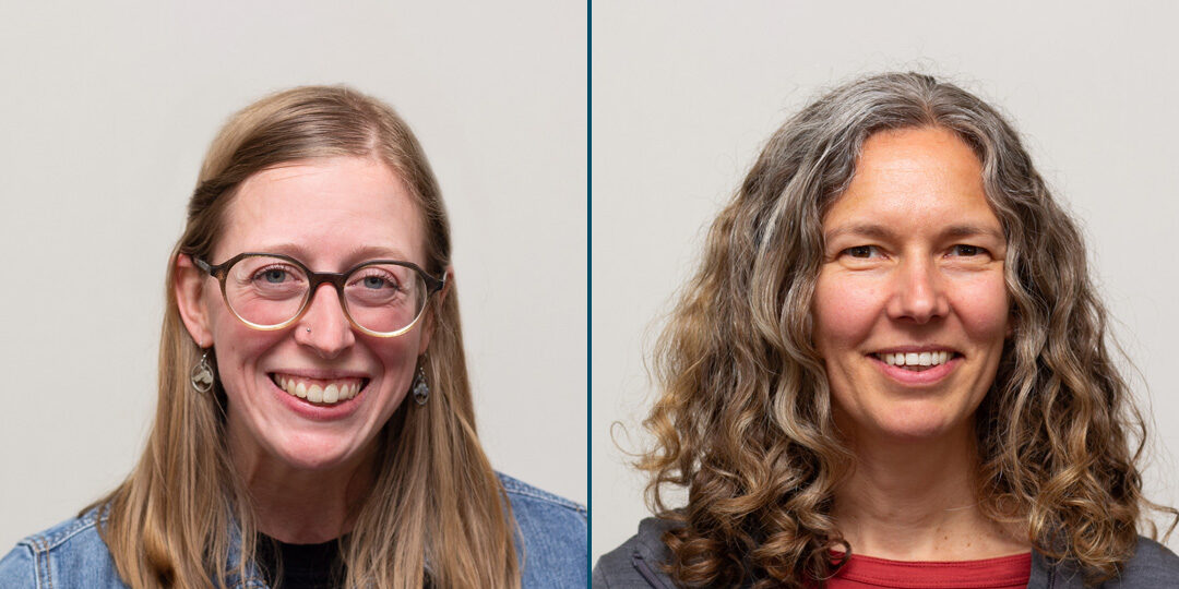 Two headshots of women. The women on the left is wearing glasses and a jean jacket. The woman on the right has curly shoulder length har and gray jacket.