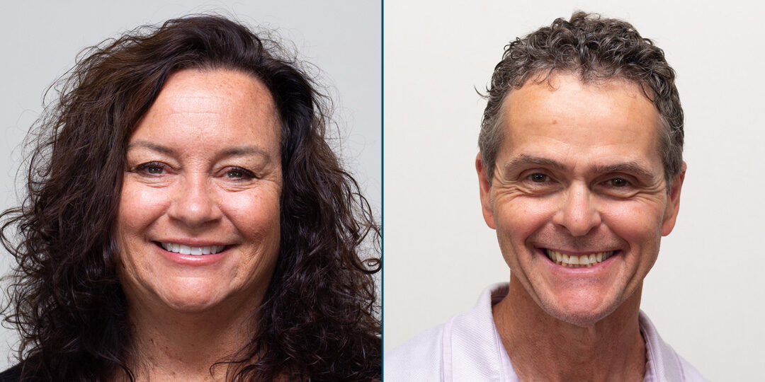 Headshot of woman with dark curly hair next to headshot of man with short curly hair