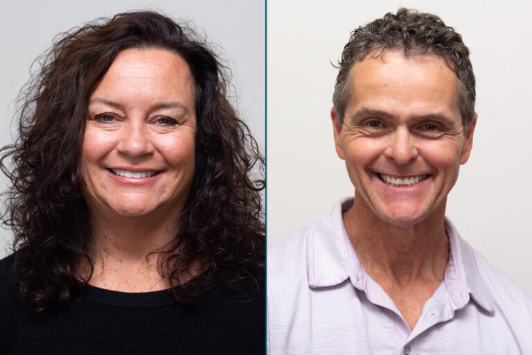 Headshot of woman with dark curly hair next to headshot of man with short curly hair