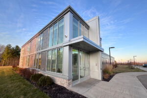 exterior of a building with a glass wall