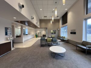 clinic interior with grey walls and chairs