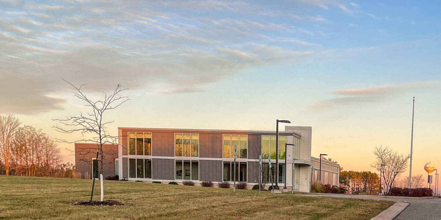 Outside of building with large windows