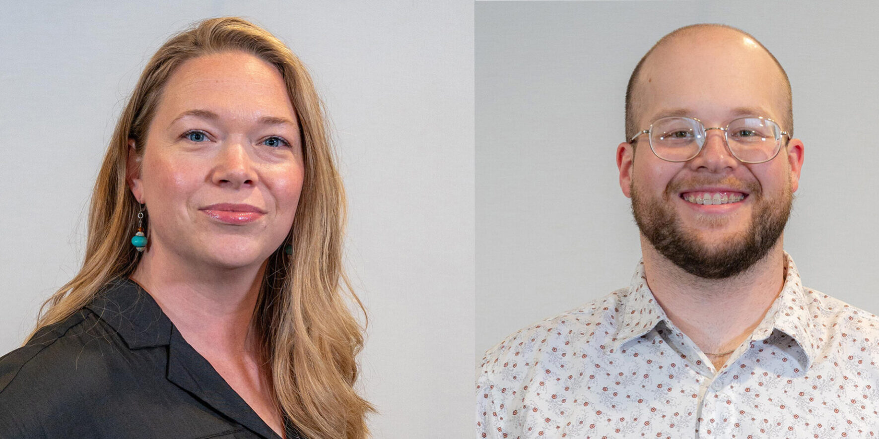 Headshot of a woman with long blonde hair and blue eyes next to a headshot of a man with glasses and beard
