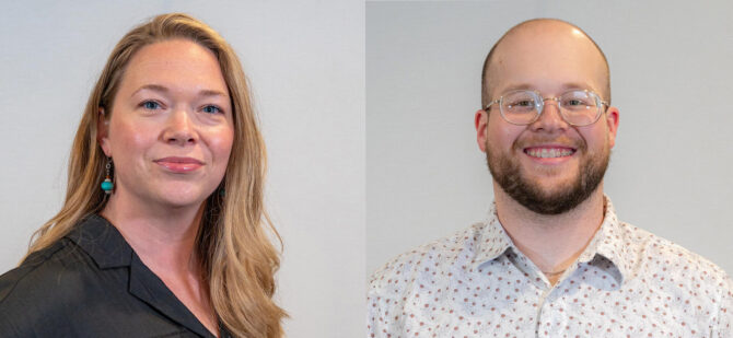 Amber-Johnathan NorthLakes Headshot of a woman with long blonde hair and blue eyes next to a headshot of a man with glasses and beard
