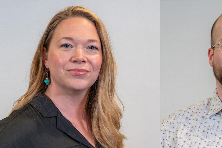 Headshot of a woman with long blonde hair and blue eyes next to a headshot of a man with glasses and beard