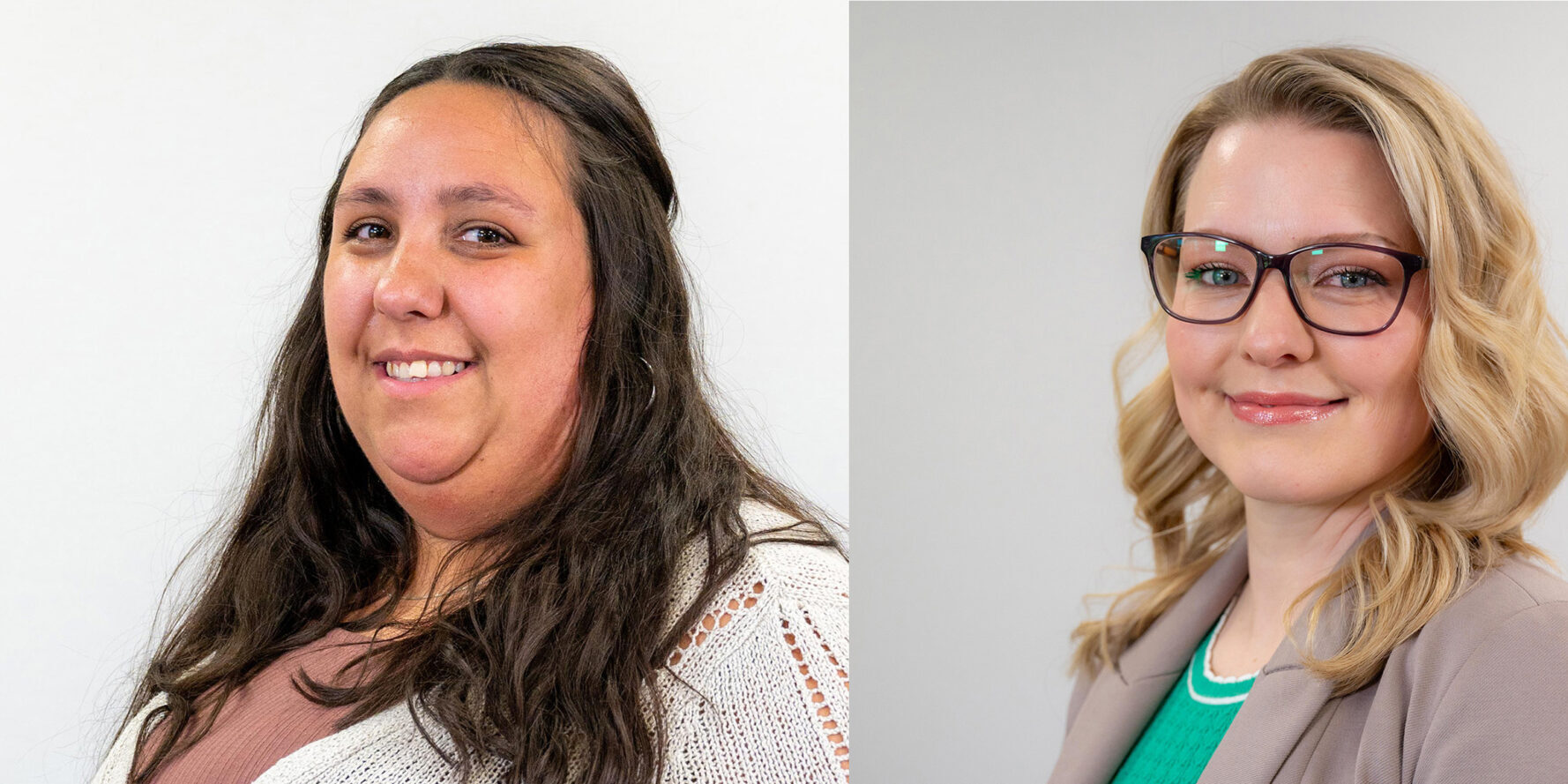 Headshot of two women, one on the left with long brown hair and one on the left with medium-length blonde hair