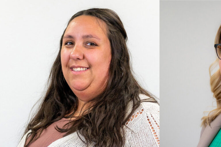 Headshot of two women, one on the left with long brown hair and one on the left with medium-length blonde hair