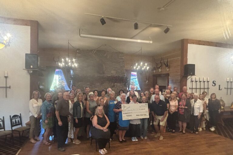 large group in restaurant holding check