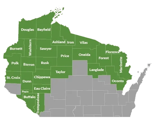Graphic of Wisconsin copunties NorthLakes serves.